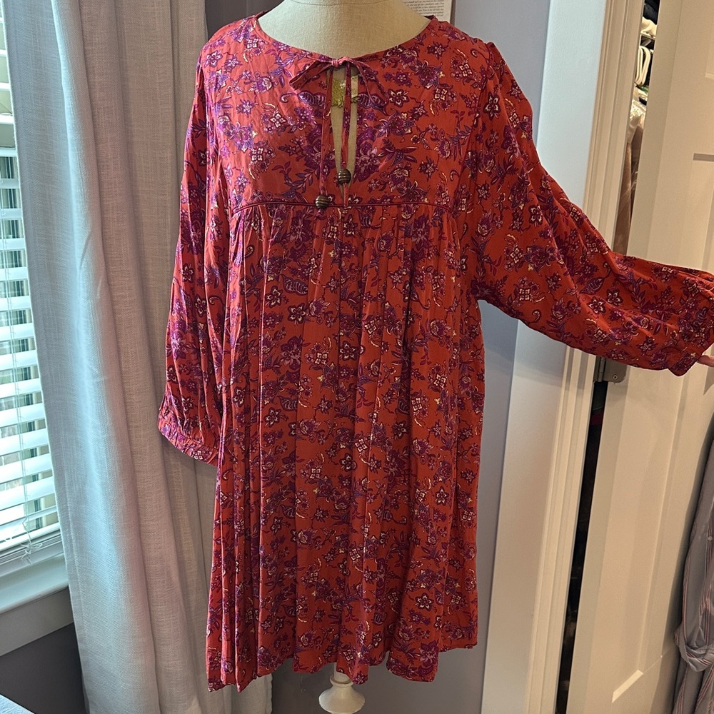 Natural Life Boho Red Floral Tie-Front Tunic Dress